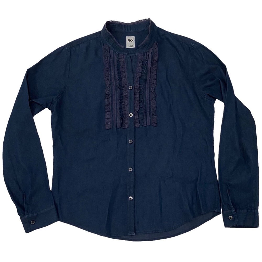 NSF Women Navy Button Front Mandarin Tuxedo Lace Ruffle Shirt Cotton Large